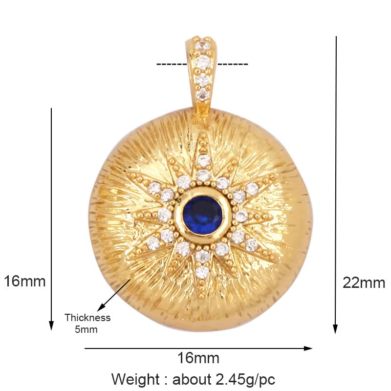 18k Gold Plated Flat Round Pendant With Blue Zirconia 22mm, 1pc