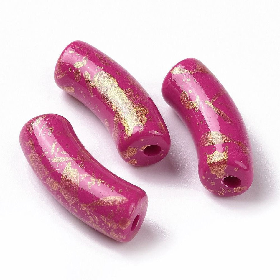 Curved Tube with Gold Flakes Acrylic Beads 34x11mm, 10pcs