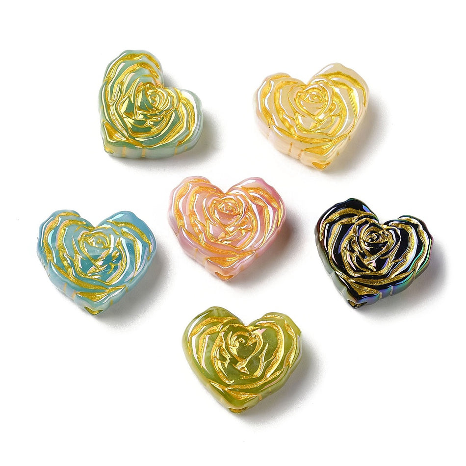 Multicolor Heart Rose Acrylic Beads, 6pcs