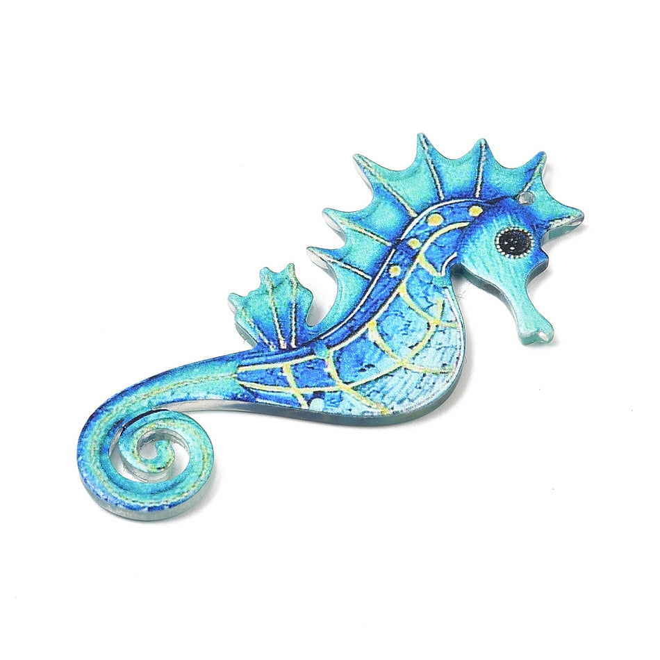 Acrylic Turquoise Seahorse Pendant 56mm, 4pcs