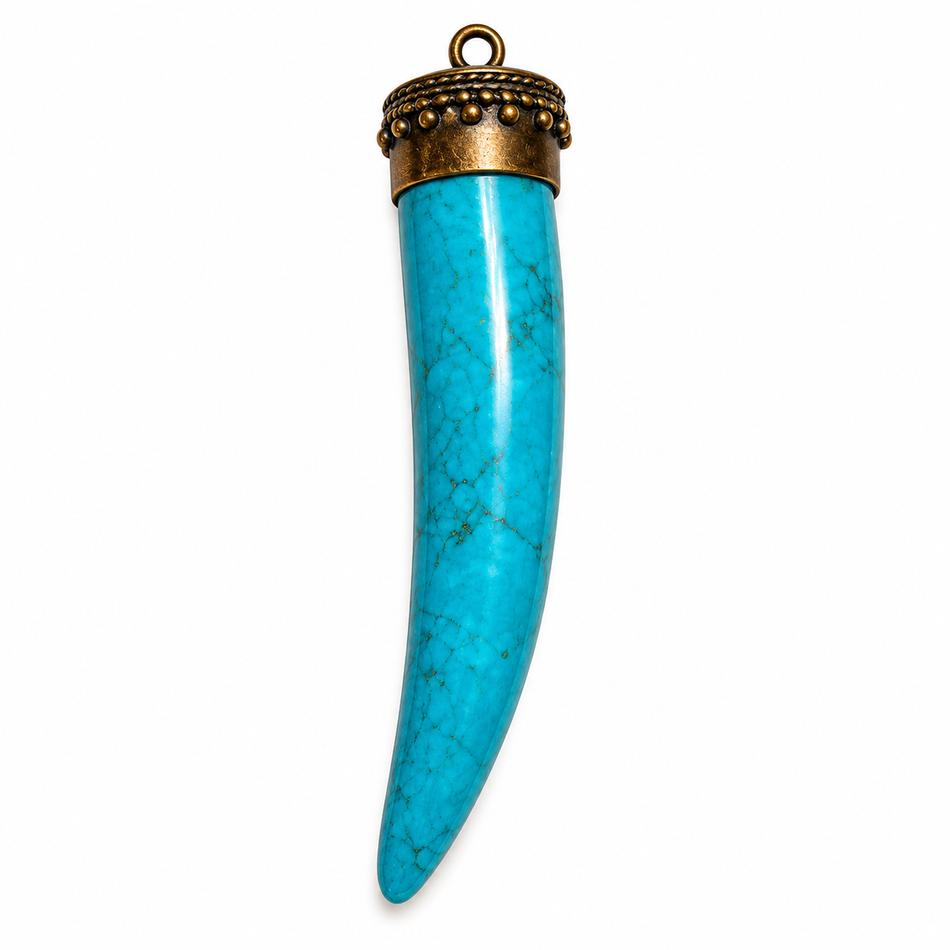 Turquoise Horn Pendant with Antique Brass Gold Cap, Size 3 Inches Long 1Pc