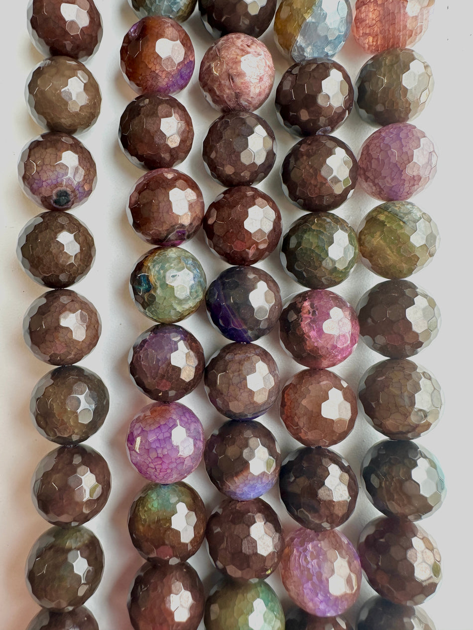 Faceted Multi Brown Round Agate Strand, 12mm