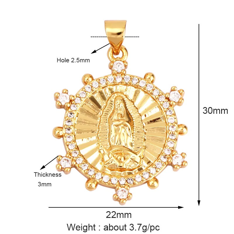 18k Gold Flat Round Virgin Pendant with Zirconia 30mm, 1pc