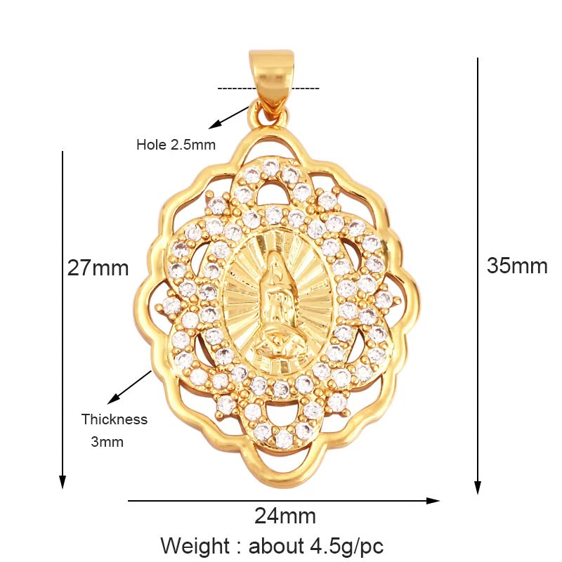 18k Gold Oval Virgin Pendant with Zirconia 35mm, 1pc