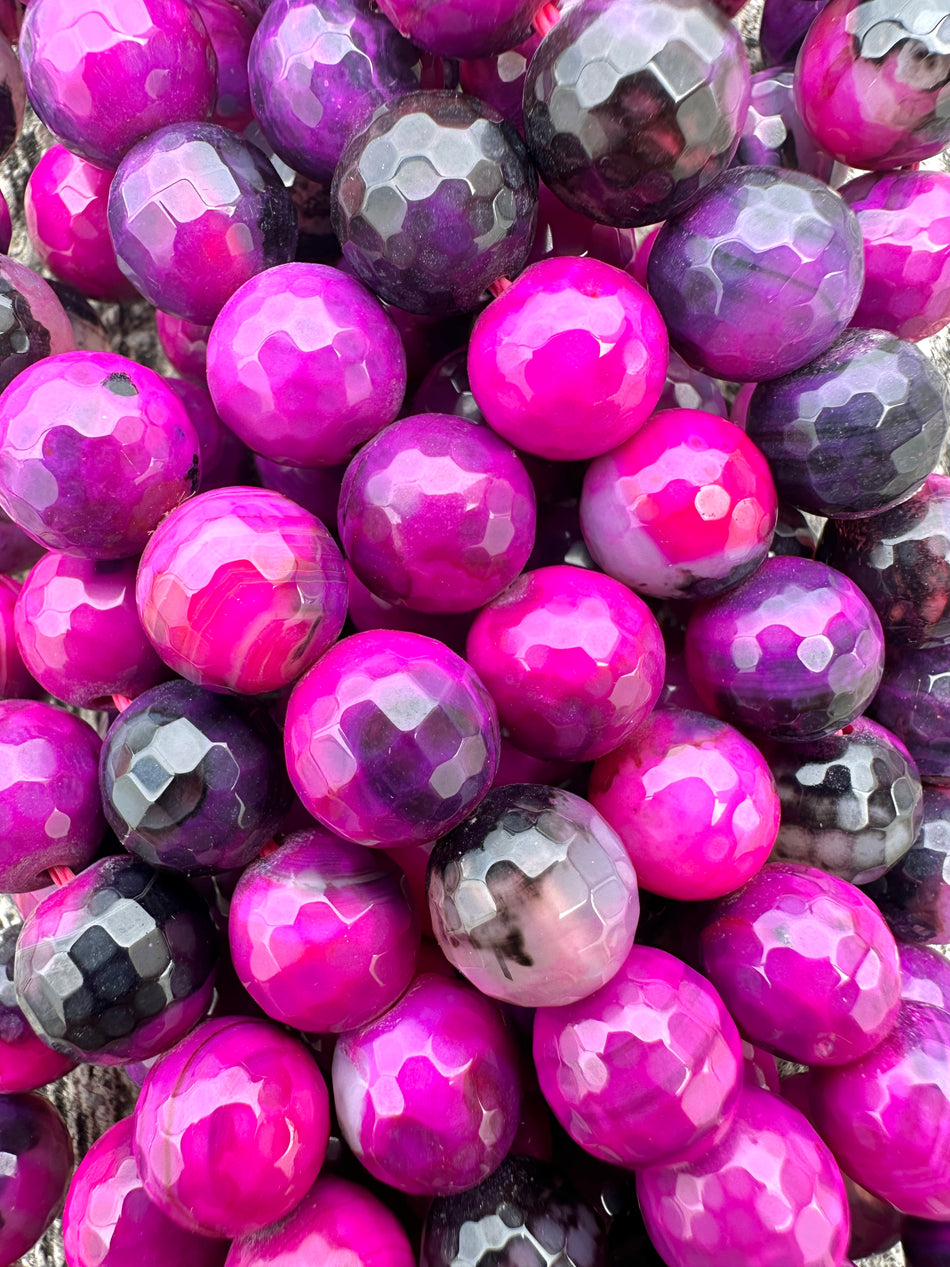 Faceted Magenta Round Agate Strand, 12mm