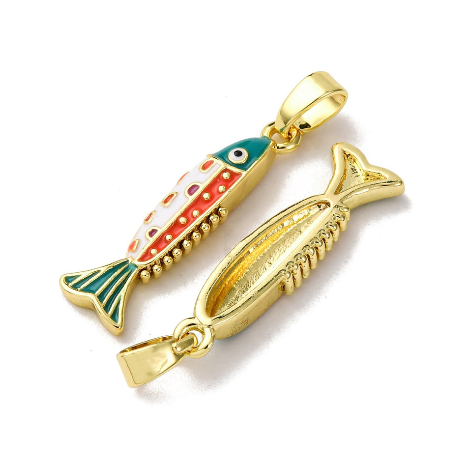 18k Gold-Plated Enamel Fish Pendant 22mm, 2pcs