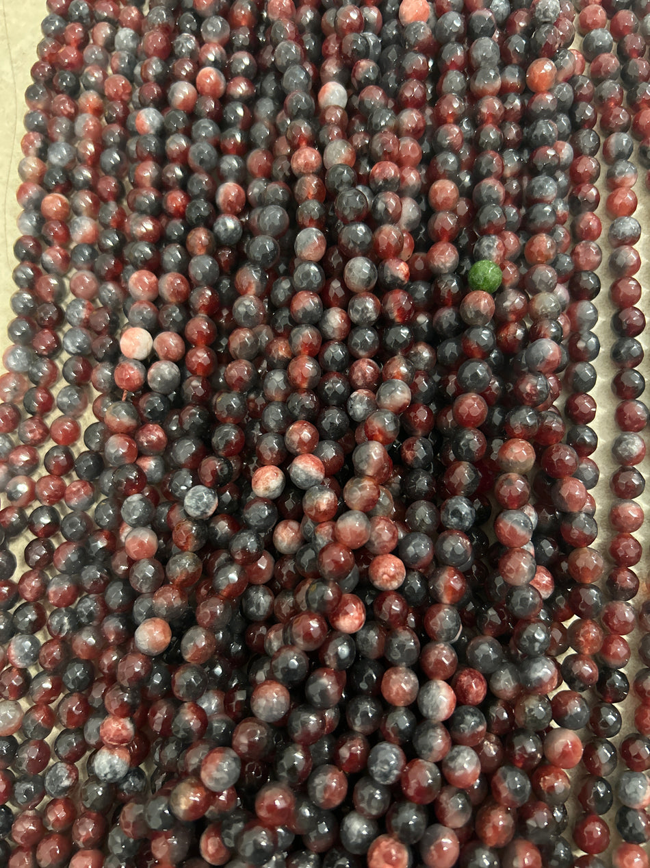 Red and Gray Faceted Round Bead Jade Strand, 8mm