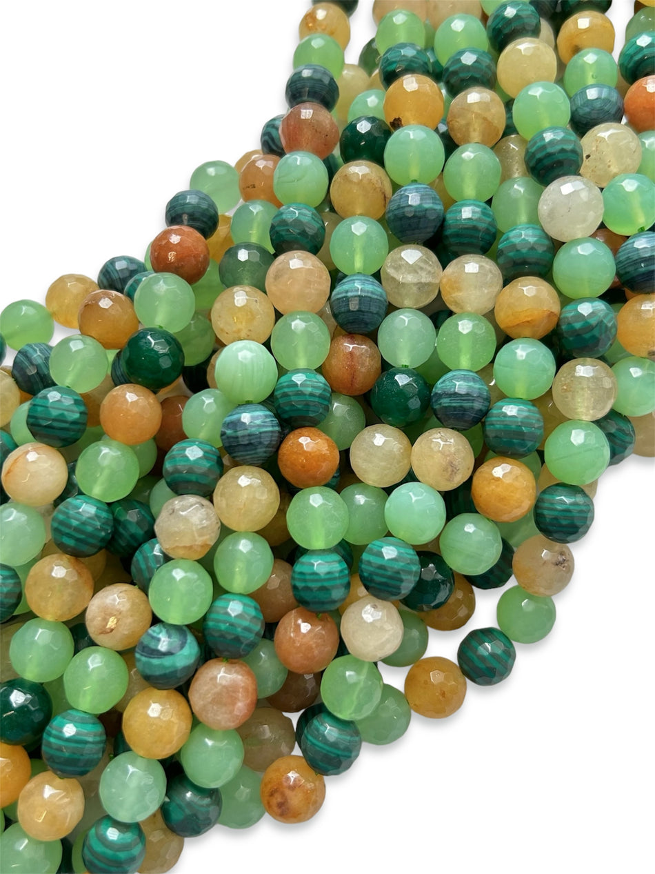 Multicolor Faceted Round Jade and Malachite Strand, 10mm