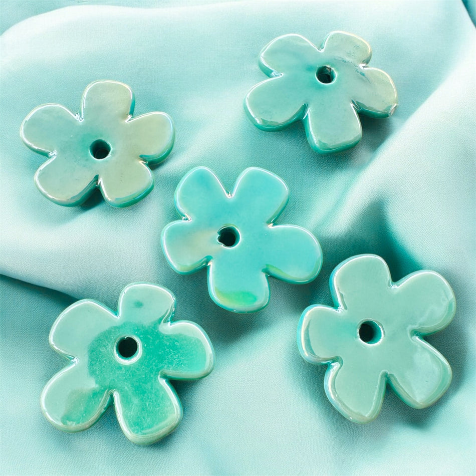 Electroplated Porcelain Flower Beads, 5pcs