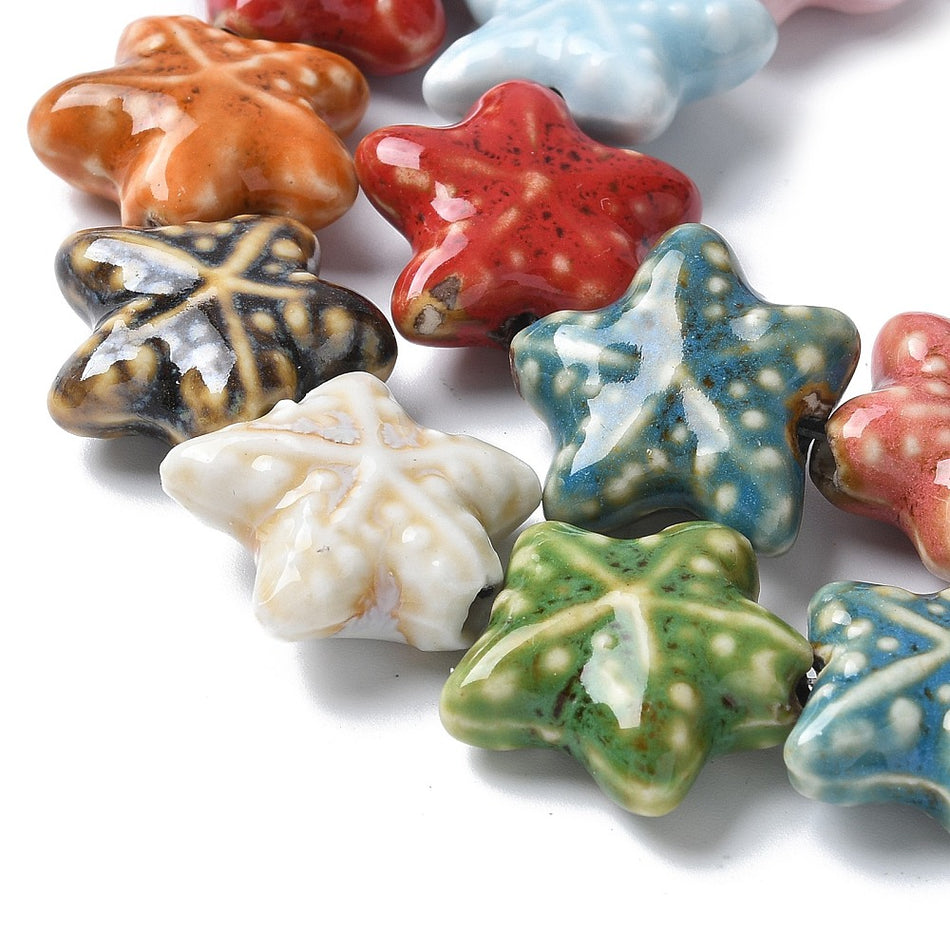 Mixed Color Starfish Ceramic Bead Strand, 19mm