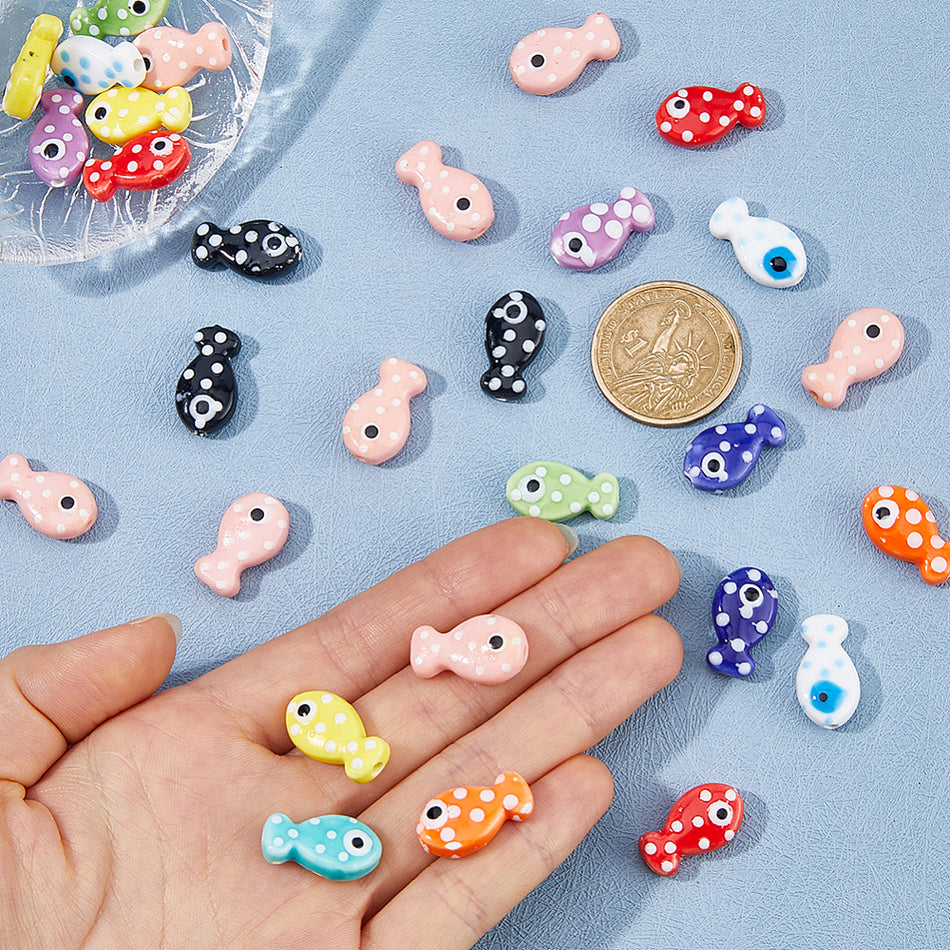 Mixed Color Porcelain Polka Dot Fish Beads 10mm, 5pcs