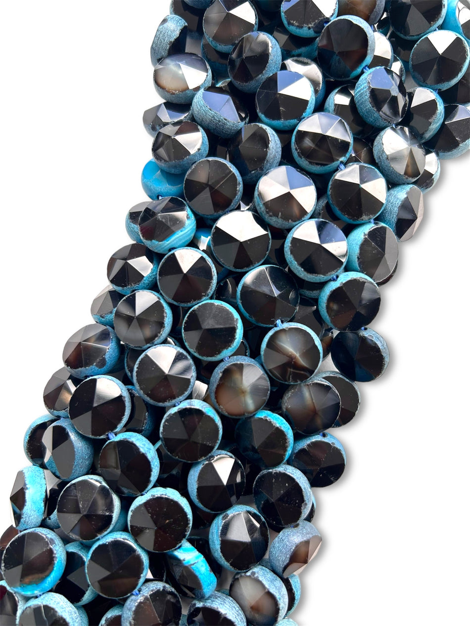 Black and Blue Faceted Flat Round Gemstone Strand, 16mm