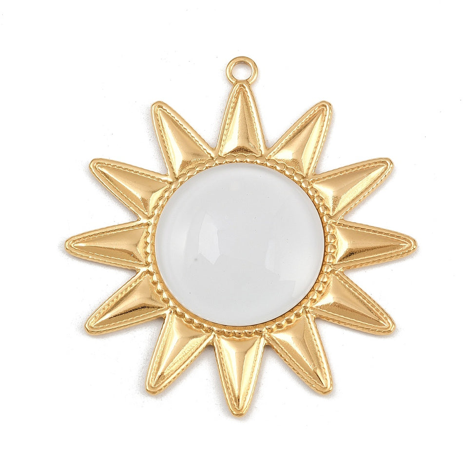 Stainless Steel Golden Sun Pendant with Glass Bead 56mm, 1pc