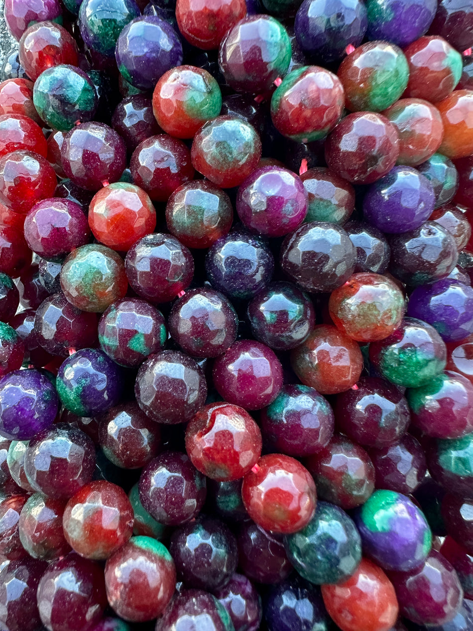 Faceted Dark Multicolor Round Bead Jade Strand, 10mm