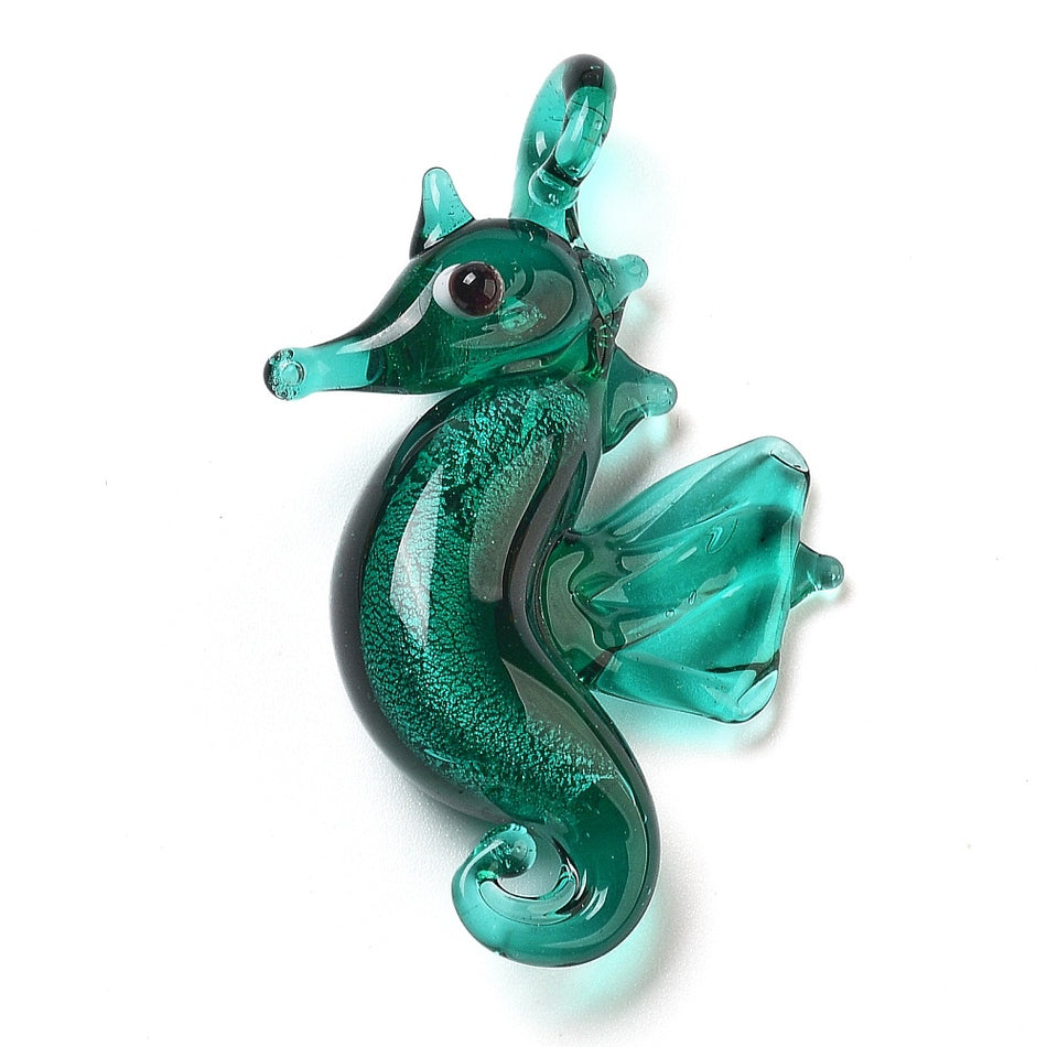 Teal Lampwork Seahorse Pendant 42mm, 1pc