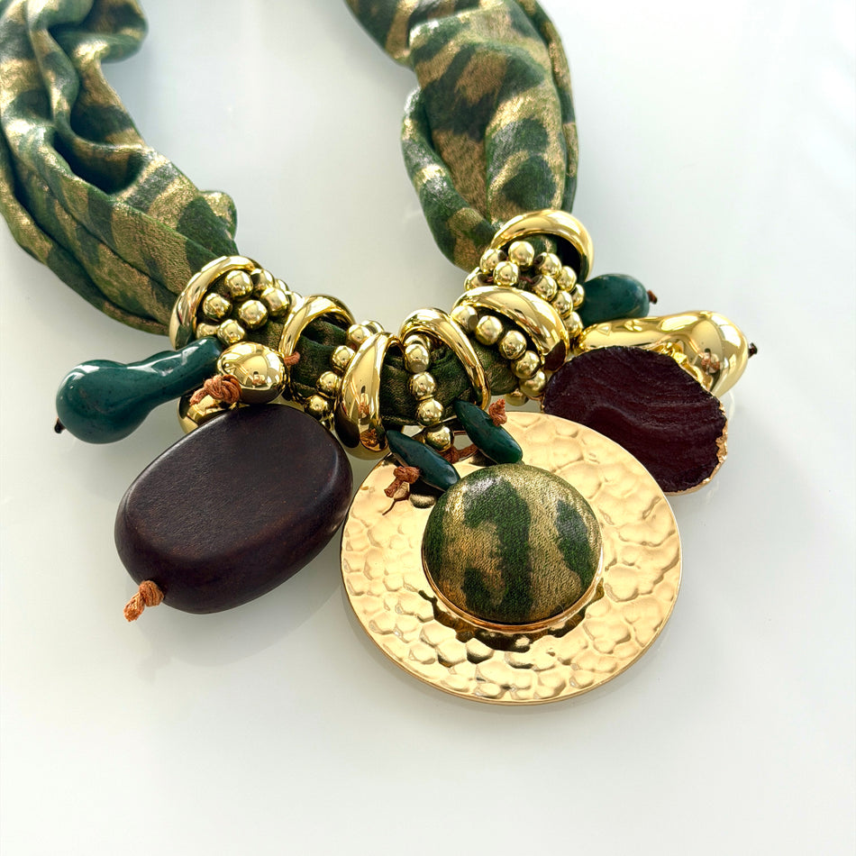 Statement Necklace Featuring a Soft Satin Animal Print Fabric Band, 20inch