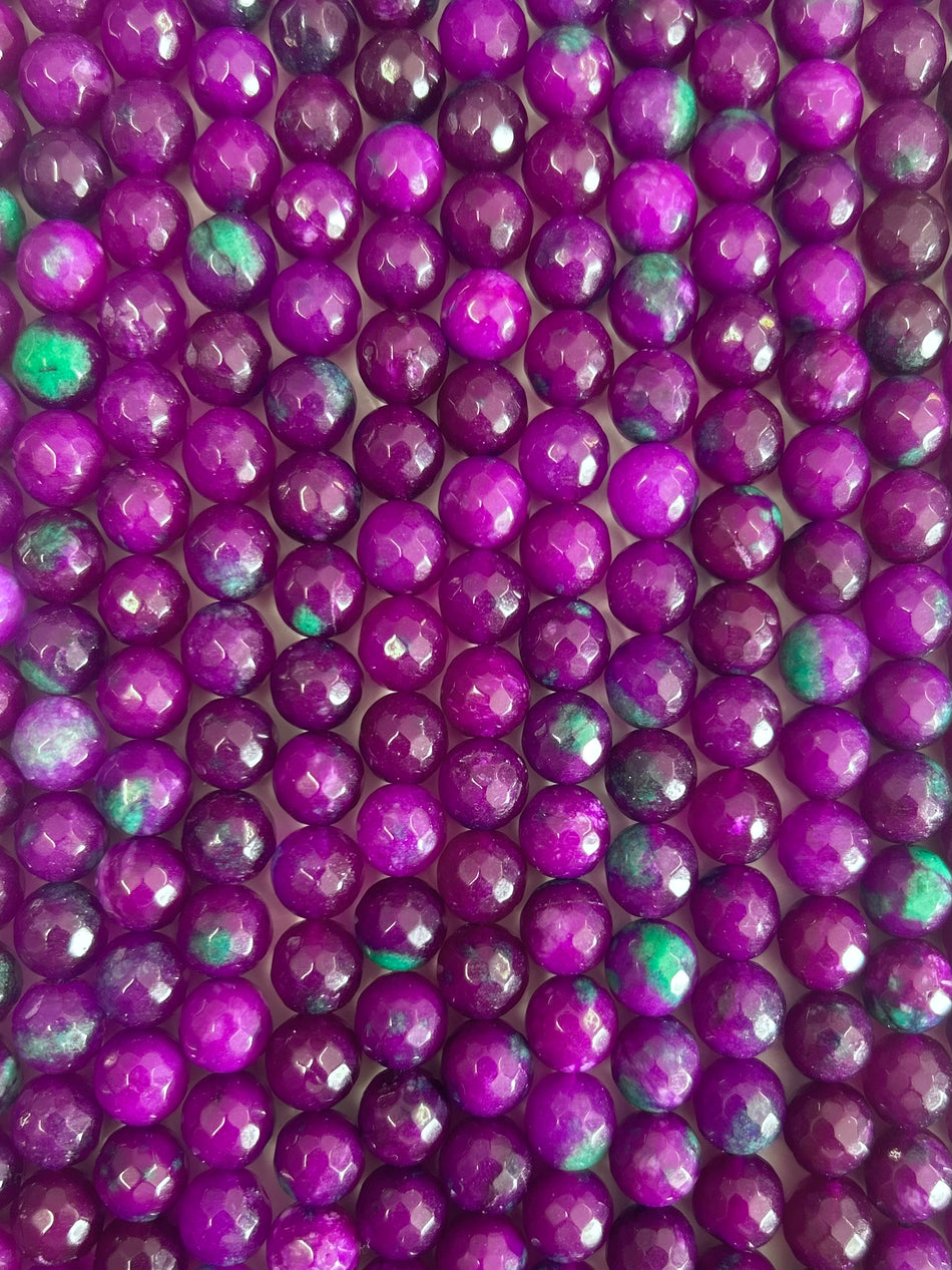 Faceted Magenta and Teal Round Jade Bead Strand, 10mm
