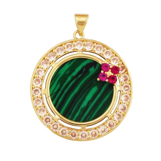 18k Gold-Plated Malachite with Zirconia Pendant, 1pc