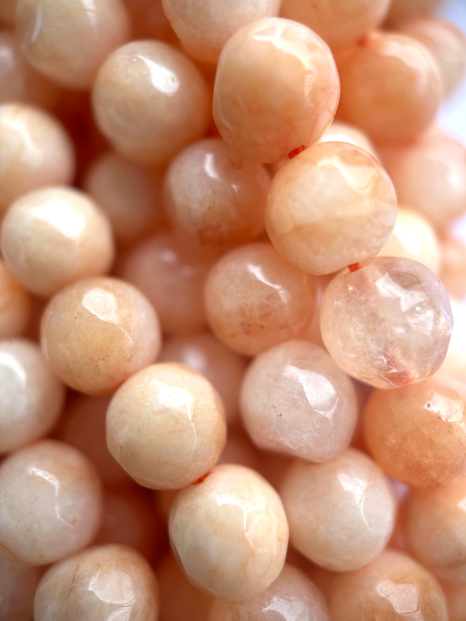 Faceted Round Peach Jade Strand, 8mm