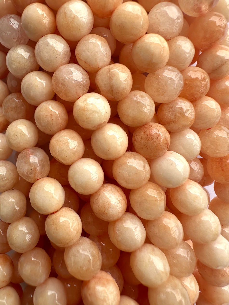 Faceted Round Peach Jade Strand, 8mm