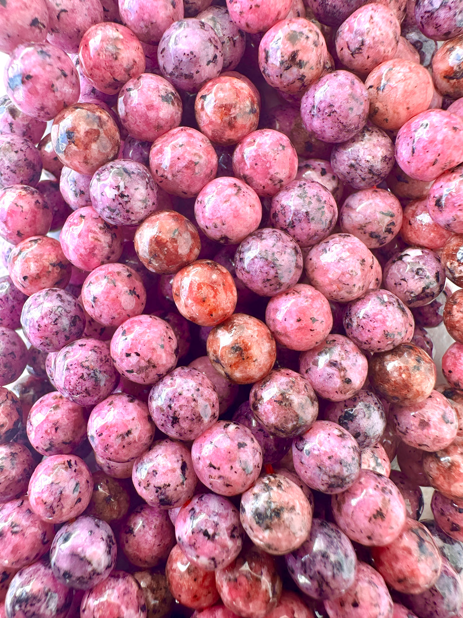 Faceted Round Pink and Black Jade Bead Strand, 8mm