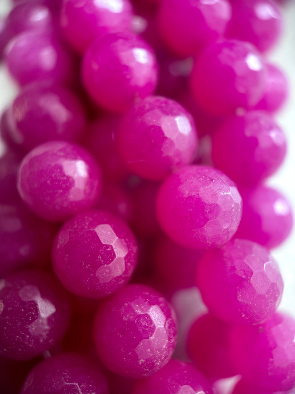 Faceted Round Magenta Jade Bead Strand, 10mm