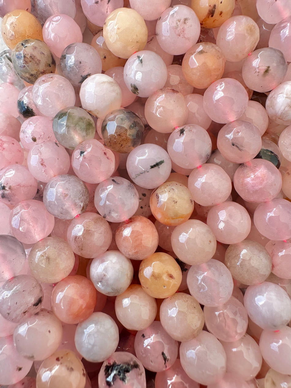 Faceted Round Pink Jade Bead Strand, 10mm