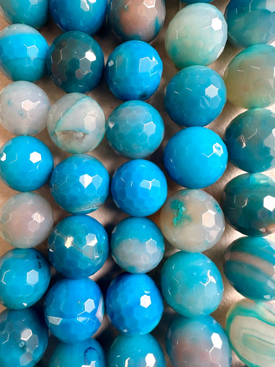 Faceted Blue Round Bead Agate Strand, 28mm