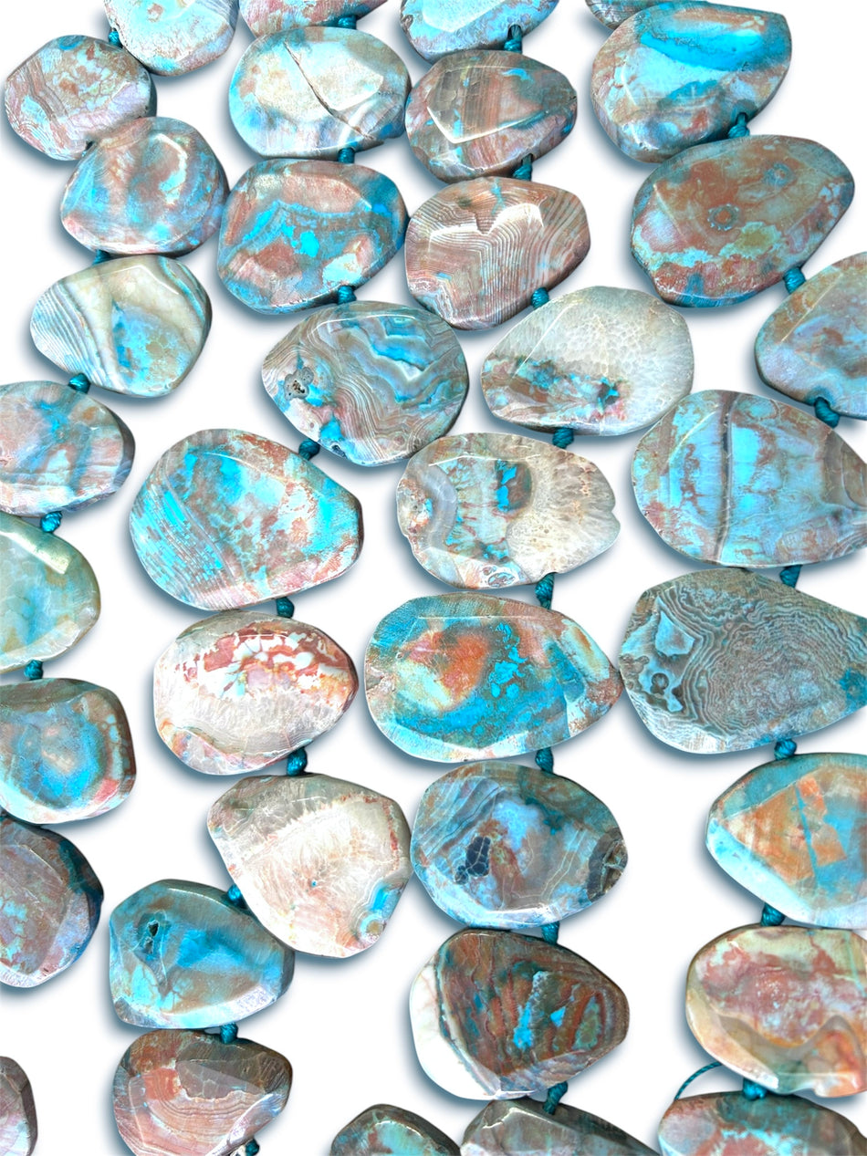Blue and Brown Marbled Slice Agate Bead Strand, 25mm-40mm