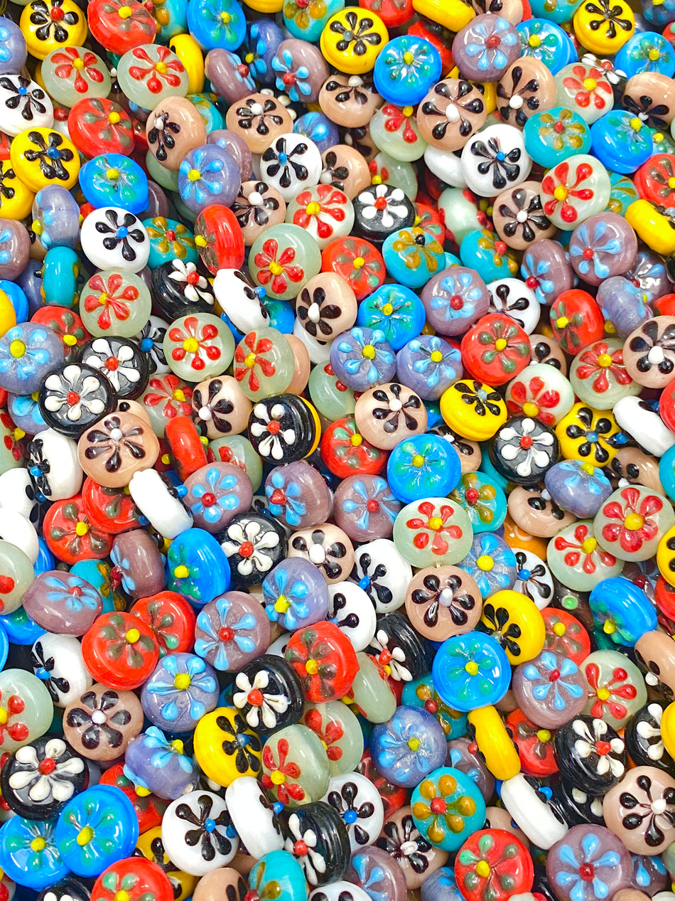 Multicolor Flower Coin Bead Lampwork Strand, 15mm