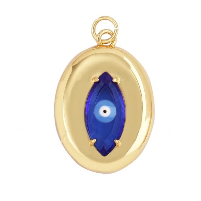 18k Gold-Plated Dark Blue Oval Evil Eye Zirconia Pendant, 1pc