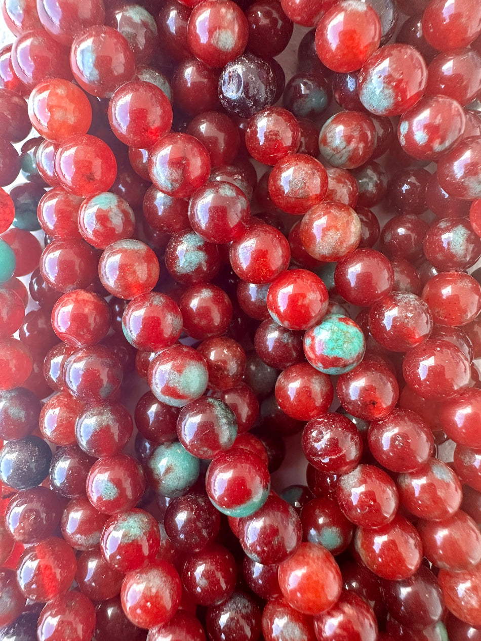 Red and Turquoise Jade Round Bead Strand, 8mm