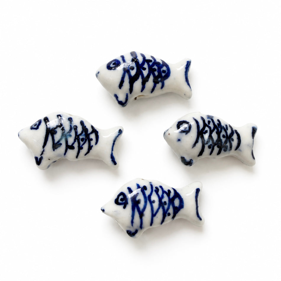 Ceramic White & Blue Fish Beads 20mm, 4pcs