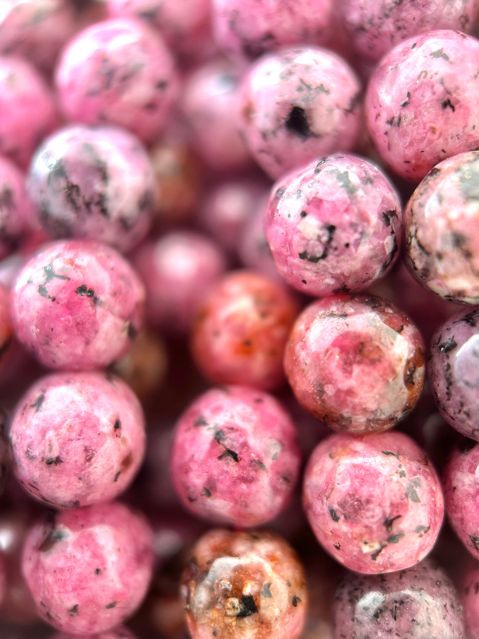 Faceted Round Pink and Black Jade Bead Strand, 8mm