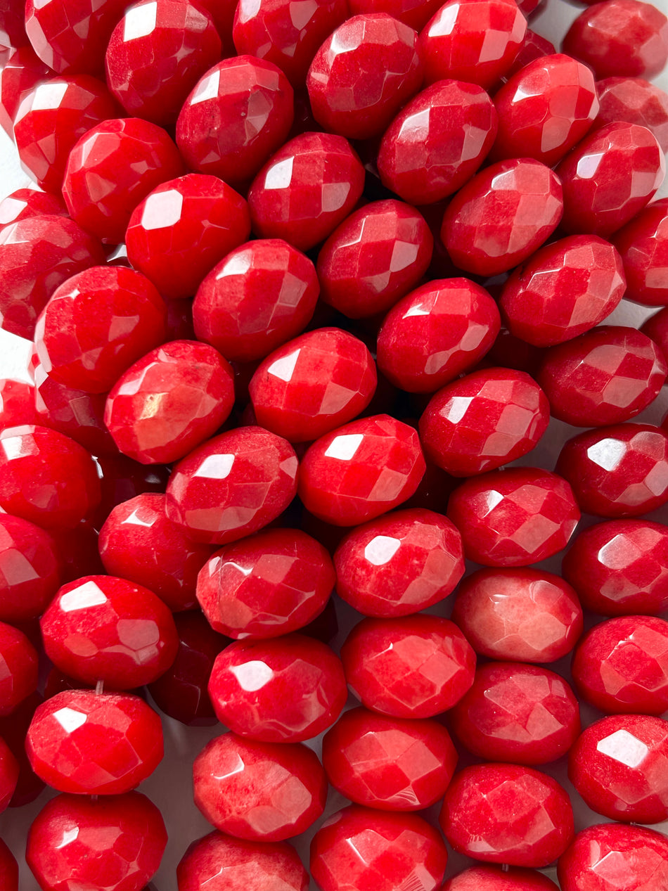 Faceted Red Rondelle Jade Bead Strand, 18mm