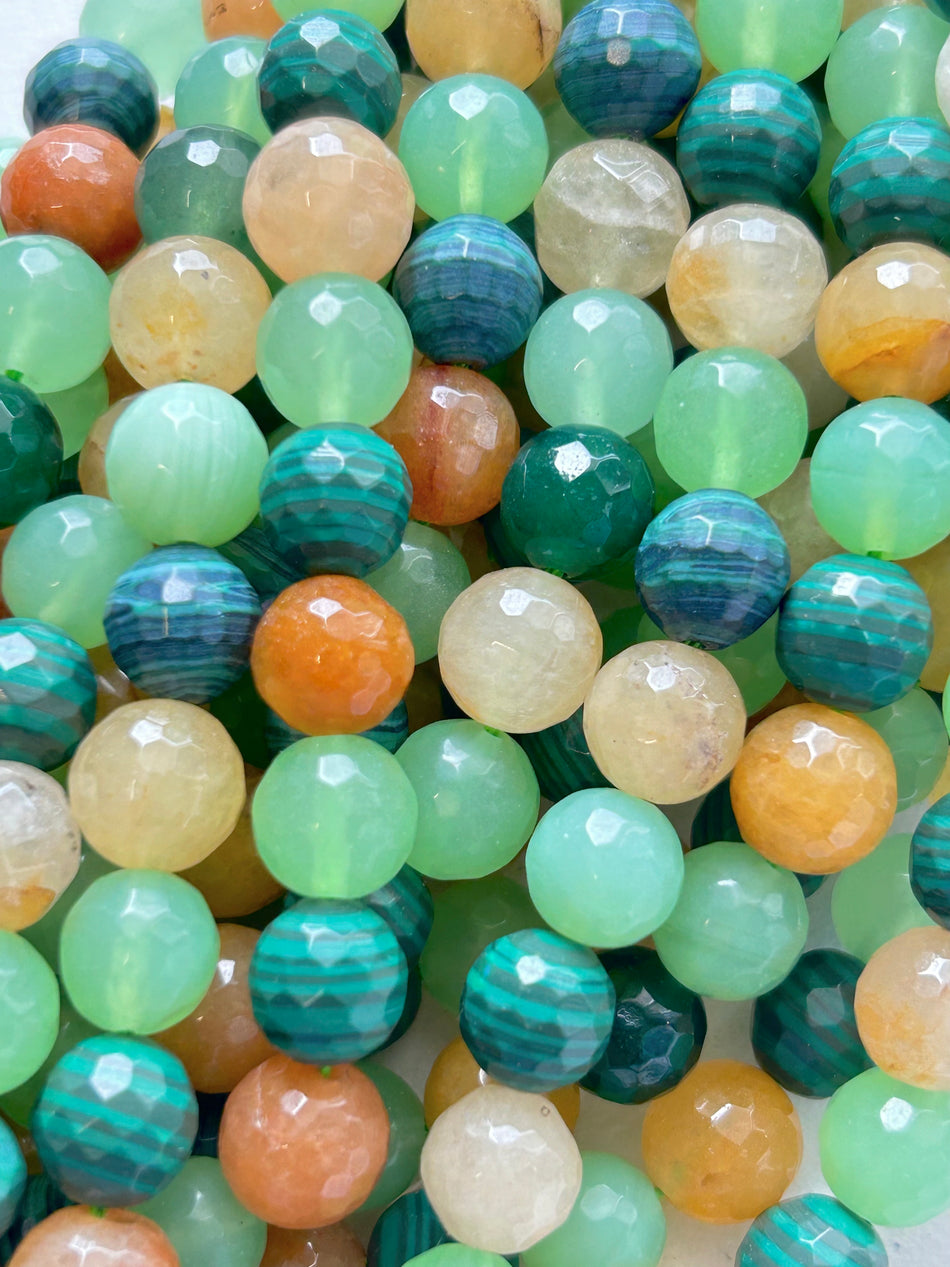 Multicolor Faceted Round Jade and Malachite Strand, 10mm