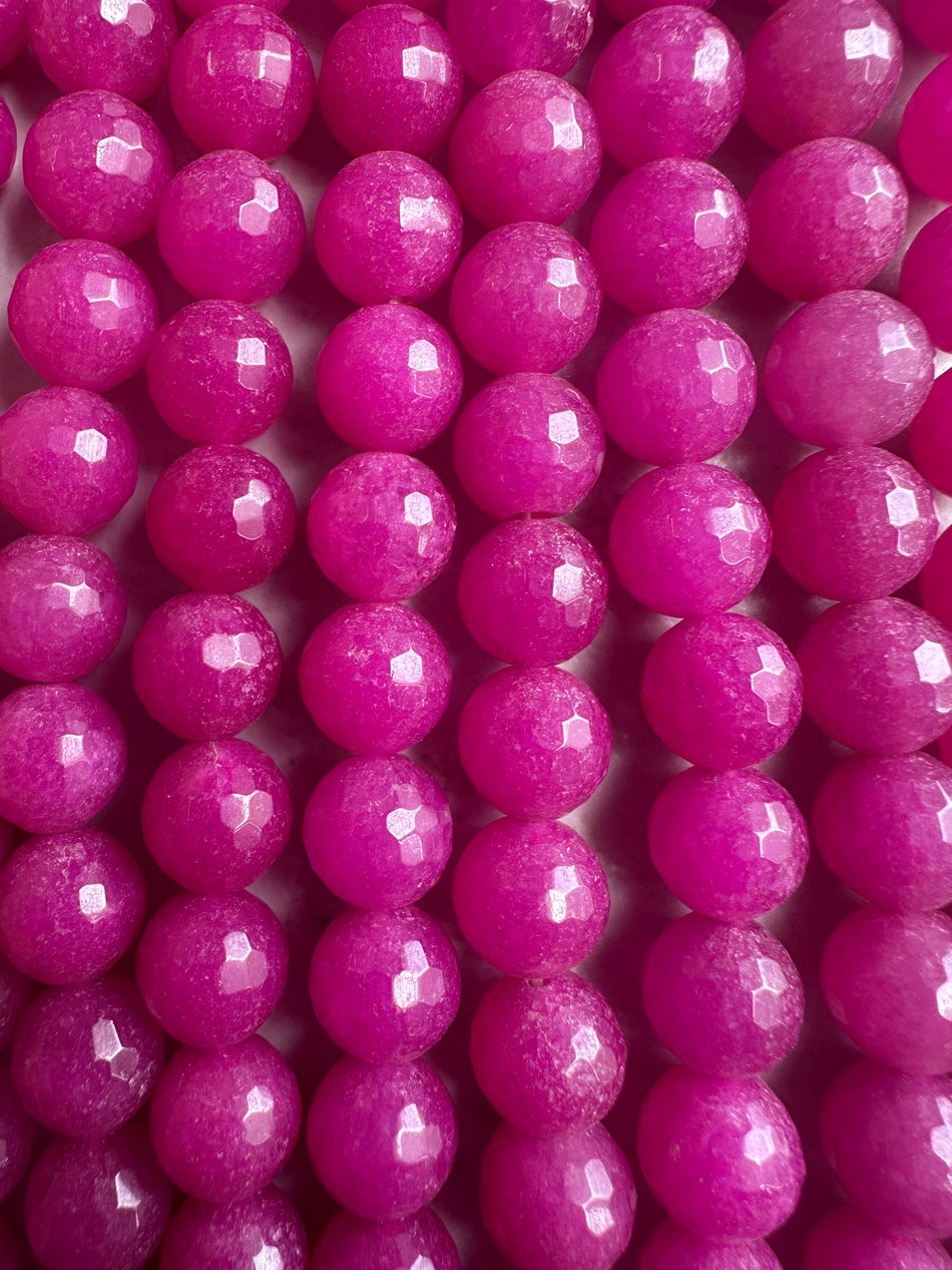 Faceted Round Magenta Jade Bead Strand, 10mm