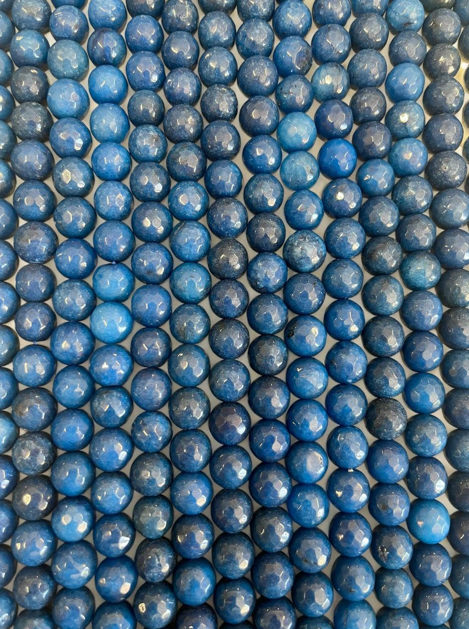 Faceted Blue Round Jade Bead Strand, 10mm