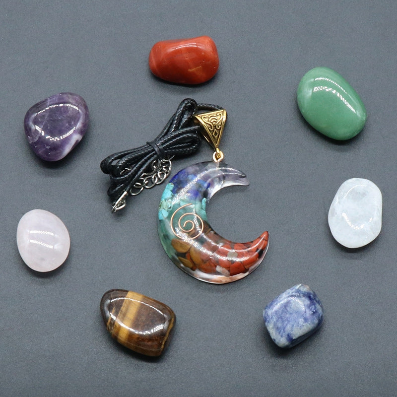 7 Chakra Tumbled Stone & Moon Pendant Necklace Mixed Natural Gemstone Healing Stones Set, Reiki Energy Stone Display