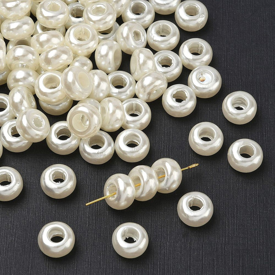 Pearly White Large Hole Rondelle Acrylic Beads 12mm, 25pcs