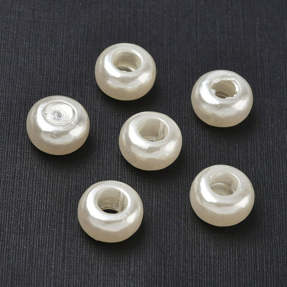 Pearly White Large Hole Rondelle Acrylic Beads 12mm, 25pcs