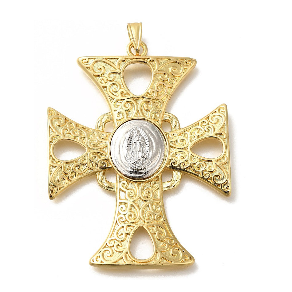 Cross Virgin Mary Charm, 18K Gold-Filled, 65mm long, 1pc