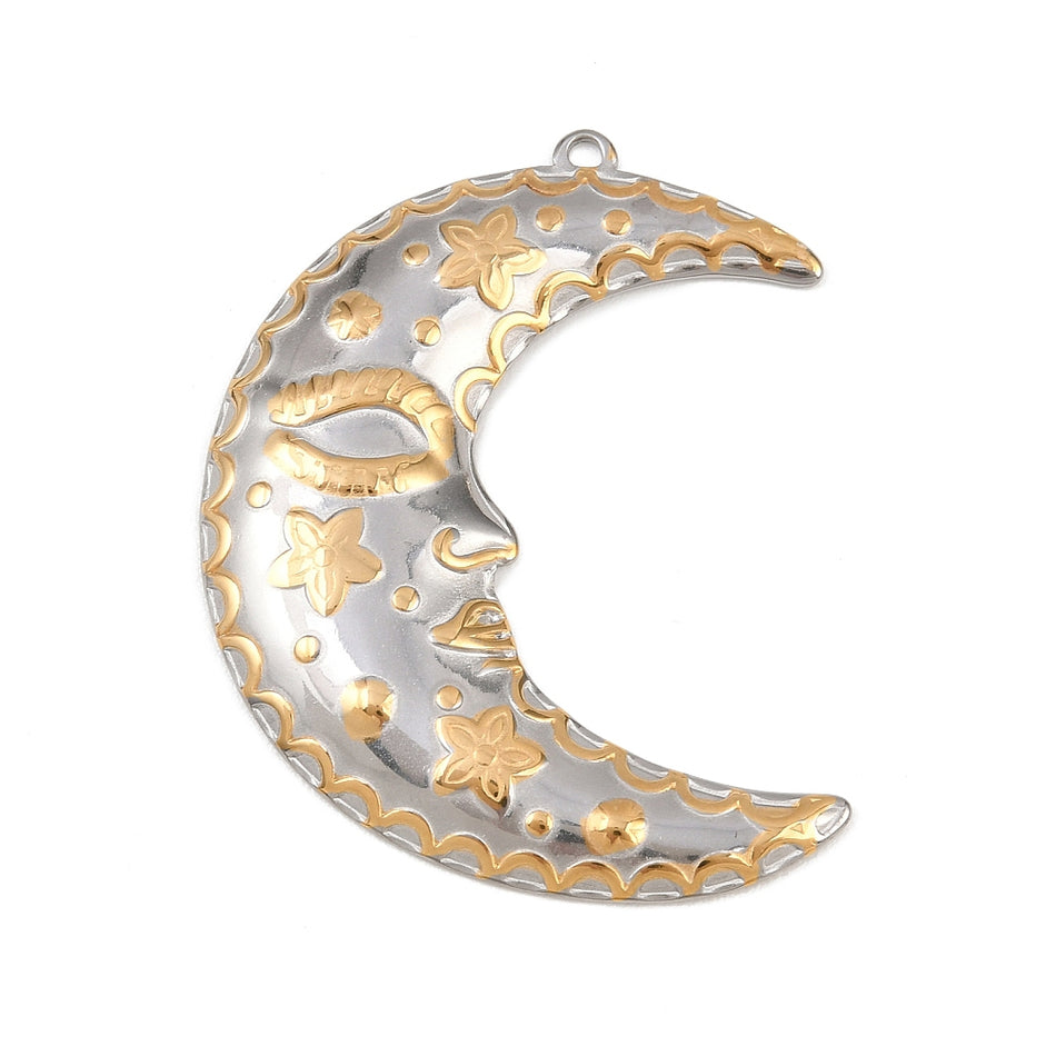 Stainless Steel Moon Pendant, 50mm, 1pc
