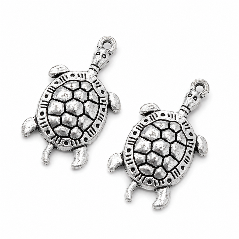 Silver Turtle Pendant Charm 26mm, 6pcs