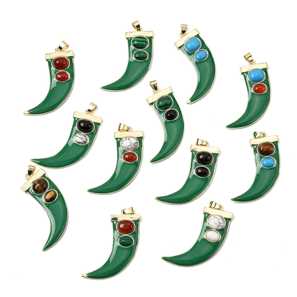 Gemstone Pendants, Enamel Horn Charms, Real 18K Gold-Filled, 43mm,1pc