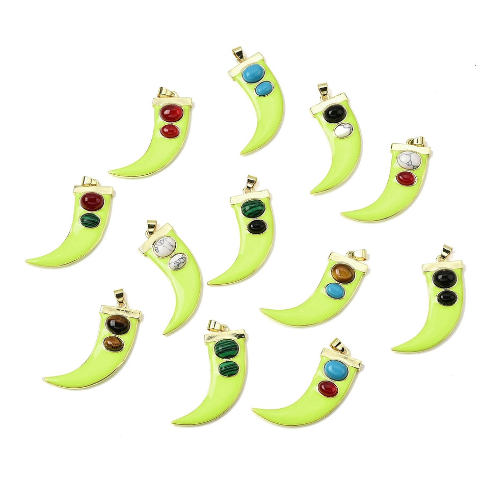 Gemstone Pendants, Enamel Horn Charms, Real 18K Gold-Filled, 43mm,1pc
