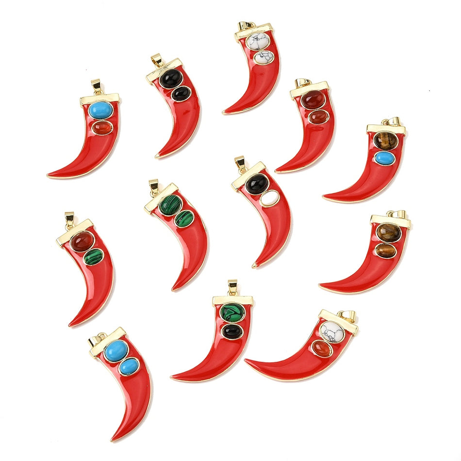 Gemstone Pendants, Enamel Horn Charms, Real 18K Gold-Filled, 43mm,1pc