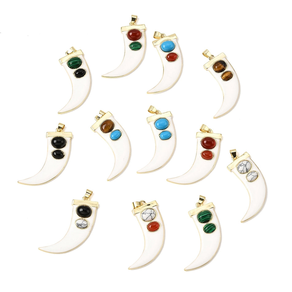 Gemstone Pendants, Enamel Horn Charms, Real 18K Gold-Filled, 43mm,1pc