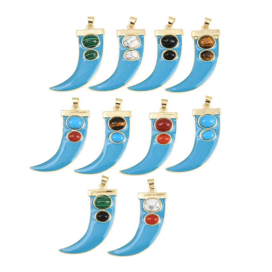 Gemstone Pendants, Enamel Horn Charms, Real 18K Gold-Filled, 43mm,1pc