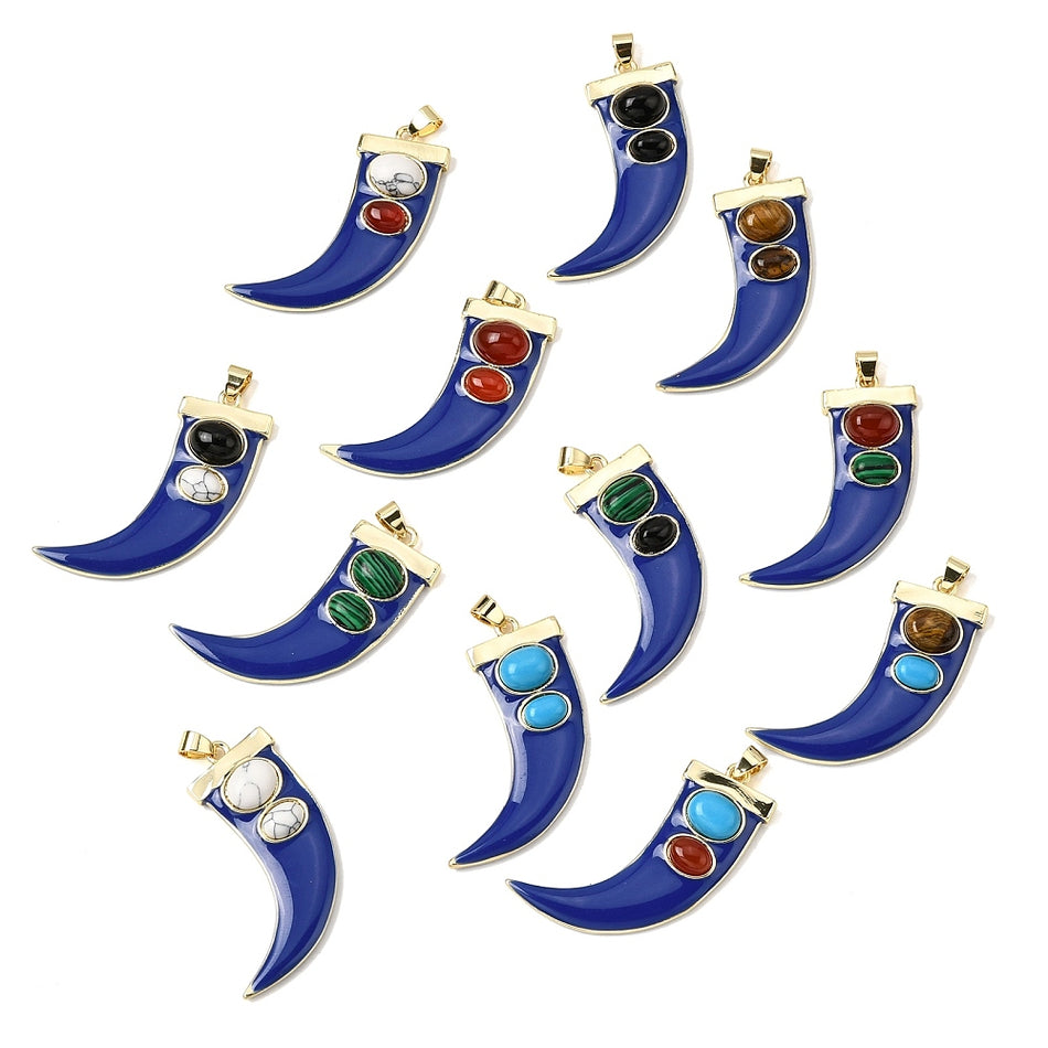 Gemstone Pendants, Enamel Horn Charms, Real 18K Gold-Filled, 43mm,1pc